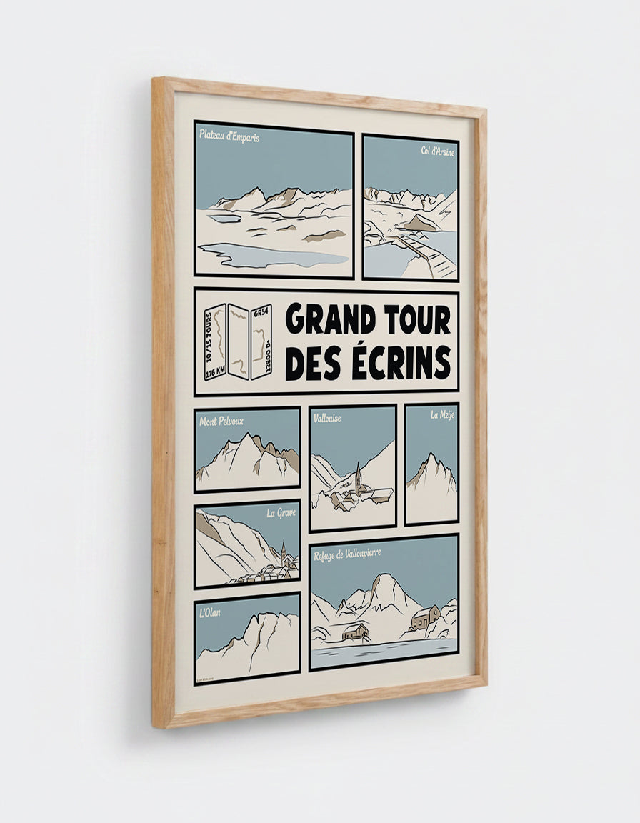 Affiche Tour des Ecrins avec cadre en chêne 50x70cm
