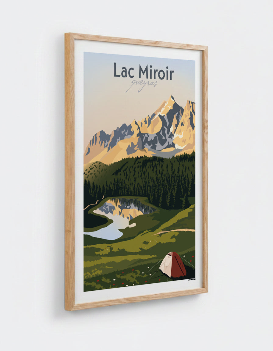 Affiche Lac miroir, dans un cadre en chêne 50x70cm, décoration hautes-alpes