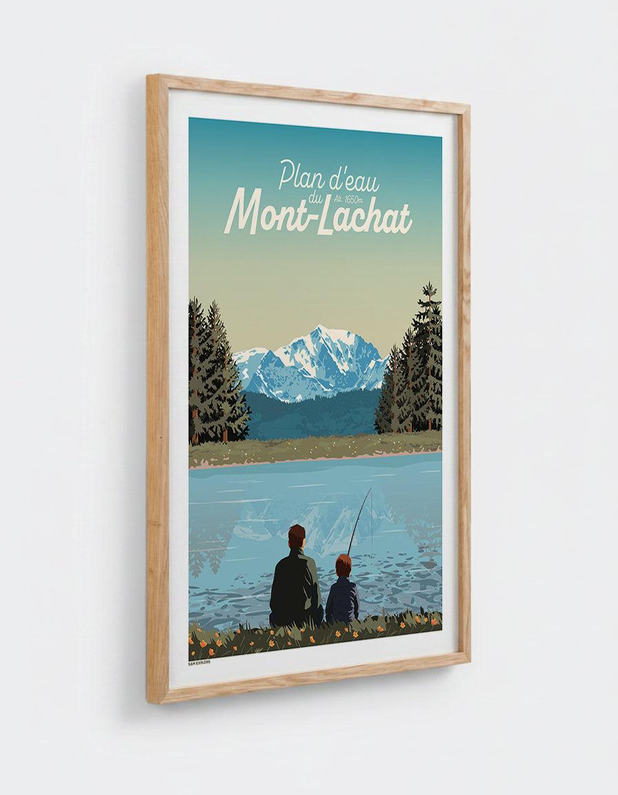 Affiche Plan d'eau du Mont-Lachat avec cadre en chêne 50x70cm