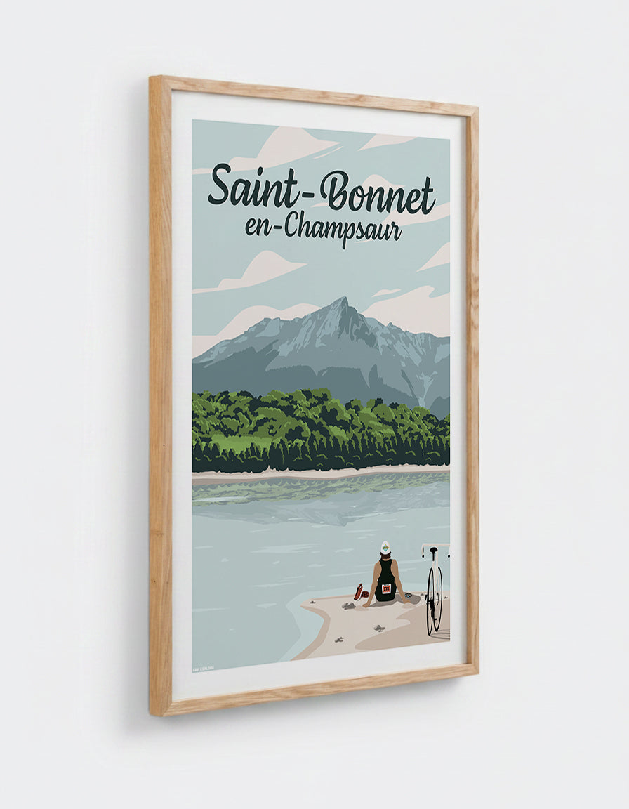 Affiche Saint-Bonnet en Champsaur avec cadre en chêne 50x70cm