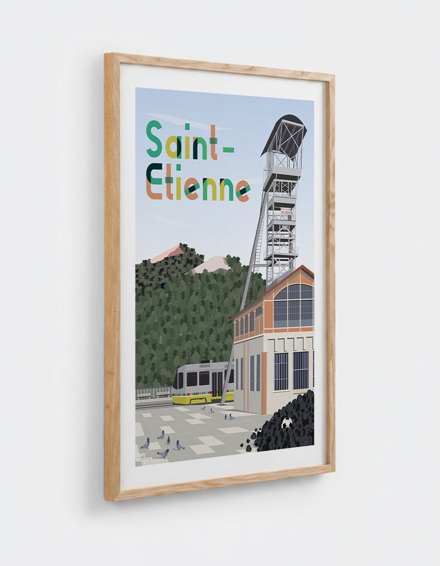 Affiche Saint Etienne avec cadre 50x70cm en chêne
