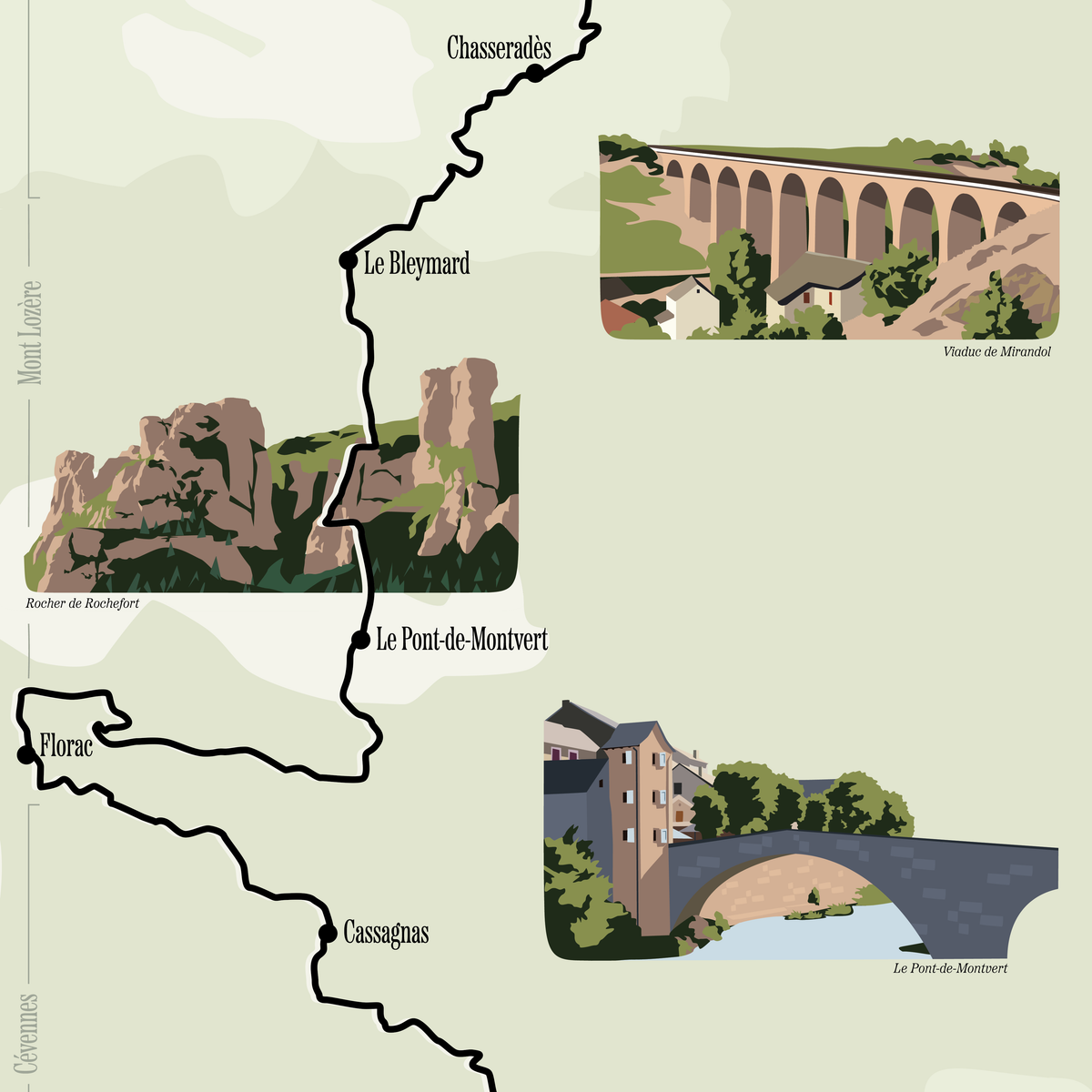 illustrations des lieux emblématiques GR70 : Pont de Montvert, Viaduc de Mirandol et Rocher de Rochefort à Florac