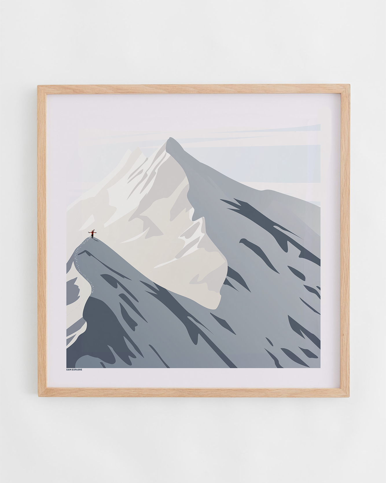 Affiche À la Conquête des Cimes – skieur de randonnée sur un sommet enneigé, cadre chêne