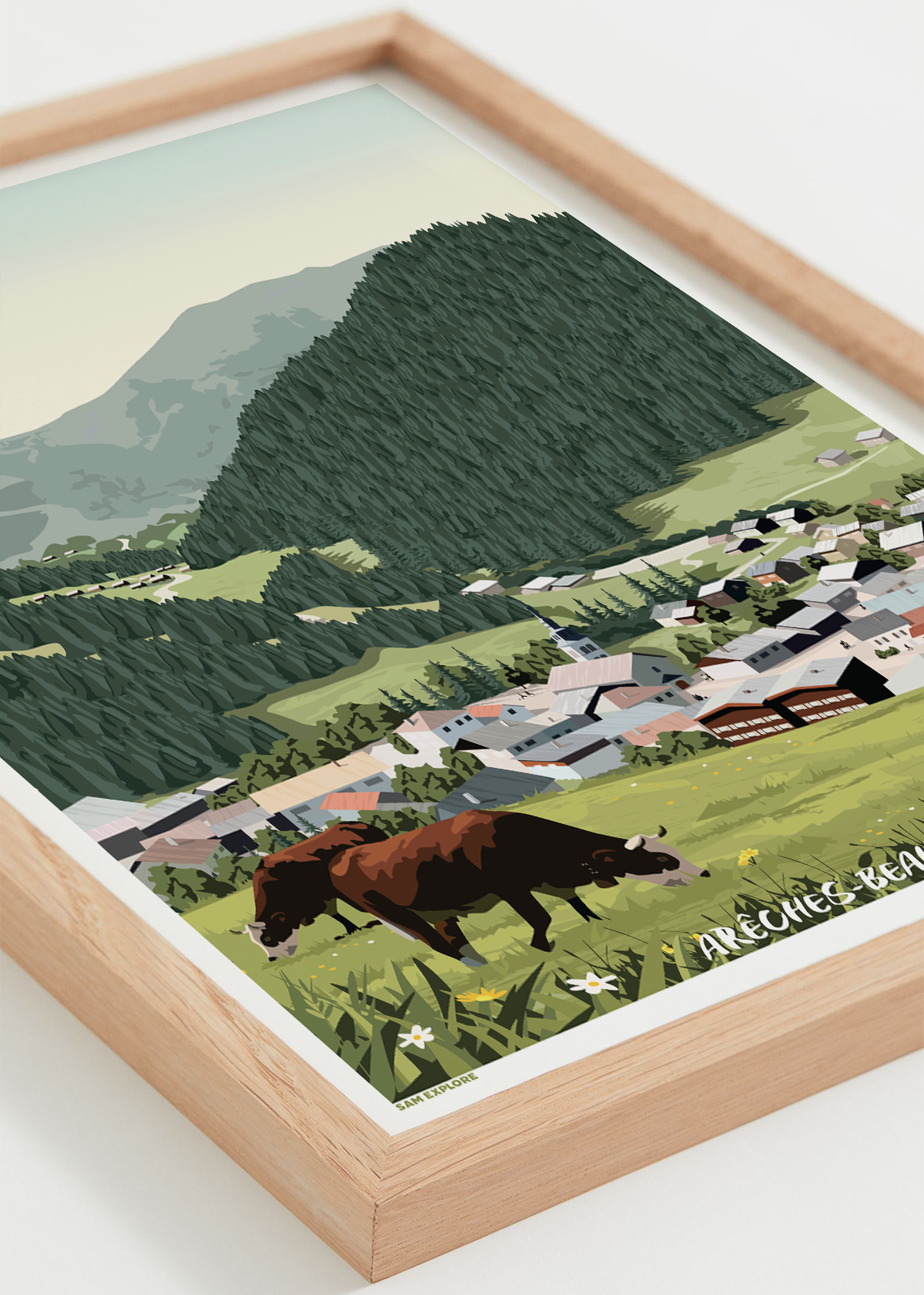 Affiche Arêches-Beaufort Été – panorama estival des montagnes, cadre bois clair
