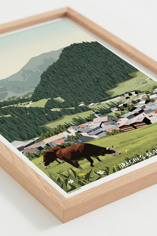 Affiche Arêches-Beaufort Été – panorama estival des montagnes, cadre bois clair