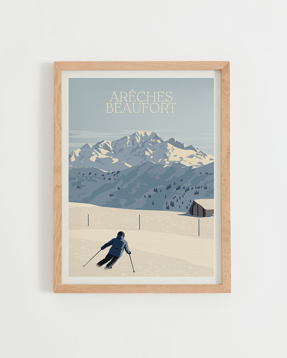 Affiche Arêches-Beaufort illustrant un skieur sur les pistes de ski avec le massif du Mont-Blanc en arrière-plan