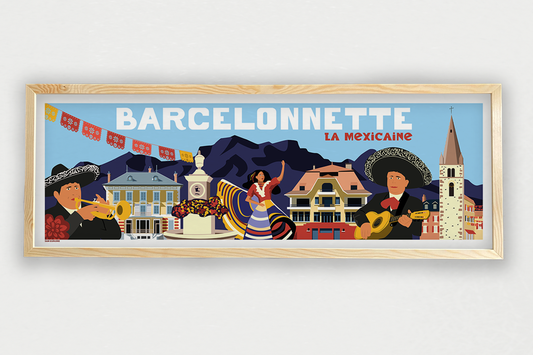 Affiche Barcelonnette – centre-ville et montagnes de l’Ubaye, vue encadrée bois clair
