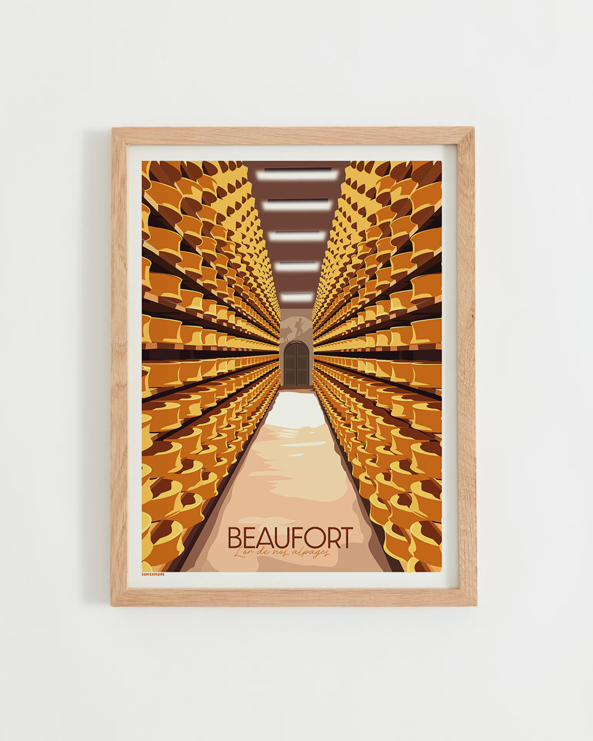 Affiche Beaufort représentant une cave d’affinage avec des meules de fromage savoyard alignées