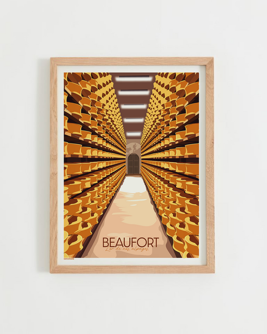 Affiche Beaufort représentant une cave d’affinage avec des meules de fromage savoyard alignées