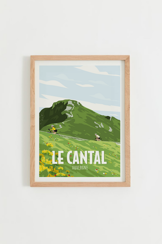 Affiche Cantal – volcan du Puy Mary et gentiane du Massif Central, cadre bois clair