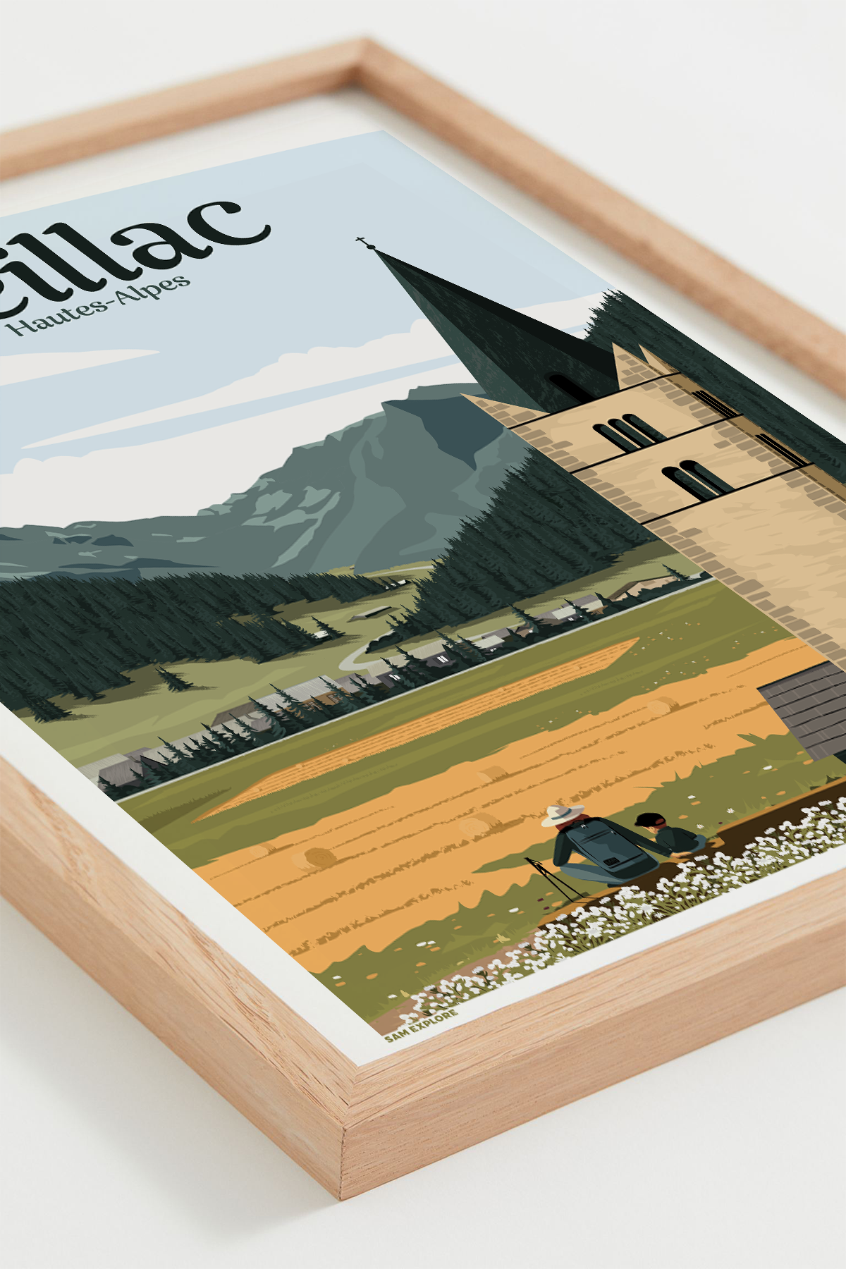 Affiche Ceillac Été – ambiance estivale en montagne, vue encadrée bois