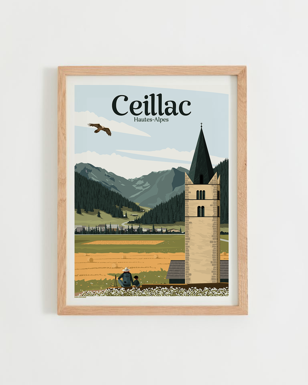 Affiche Ceillac Été – village alpin ensoleillé entouré de prairies fleuries