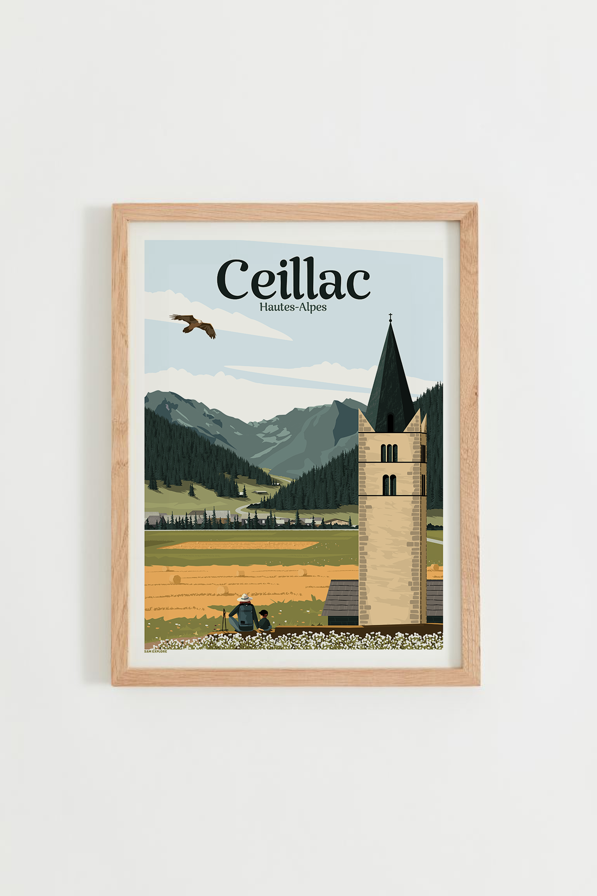 Affiche Ceillac Été – village alpin ensoleillé entouré de prairies fleuries