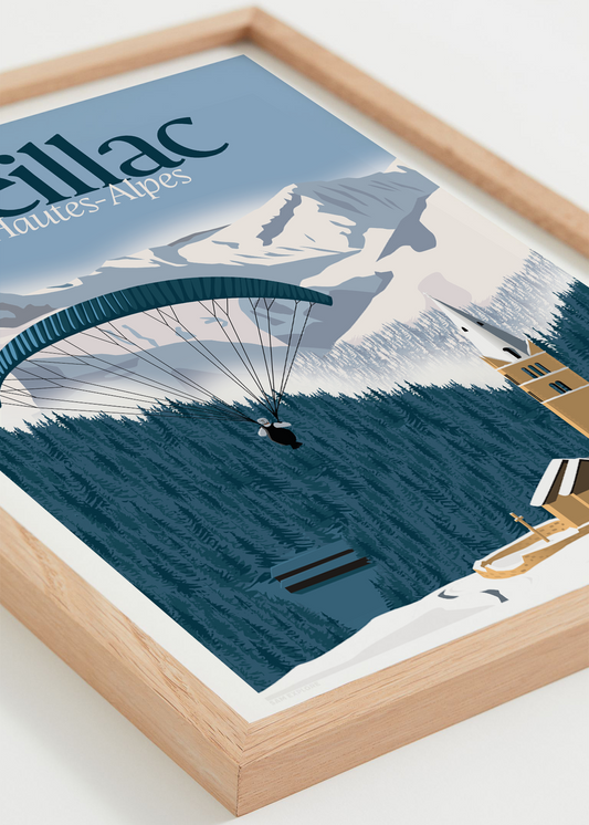 Affiche Ceillac Hiver – paysage alpin enneigé, cadre bois chêne