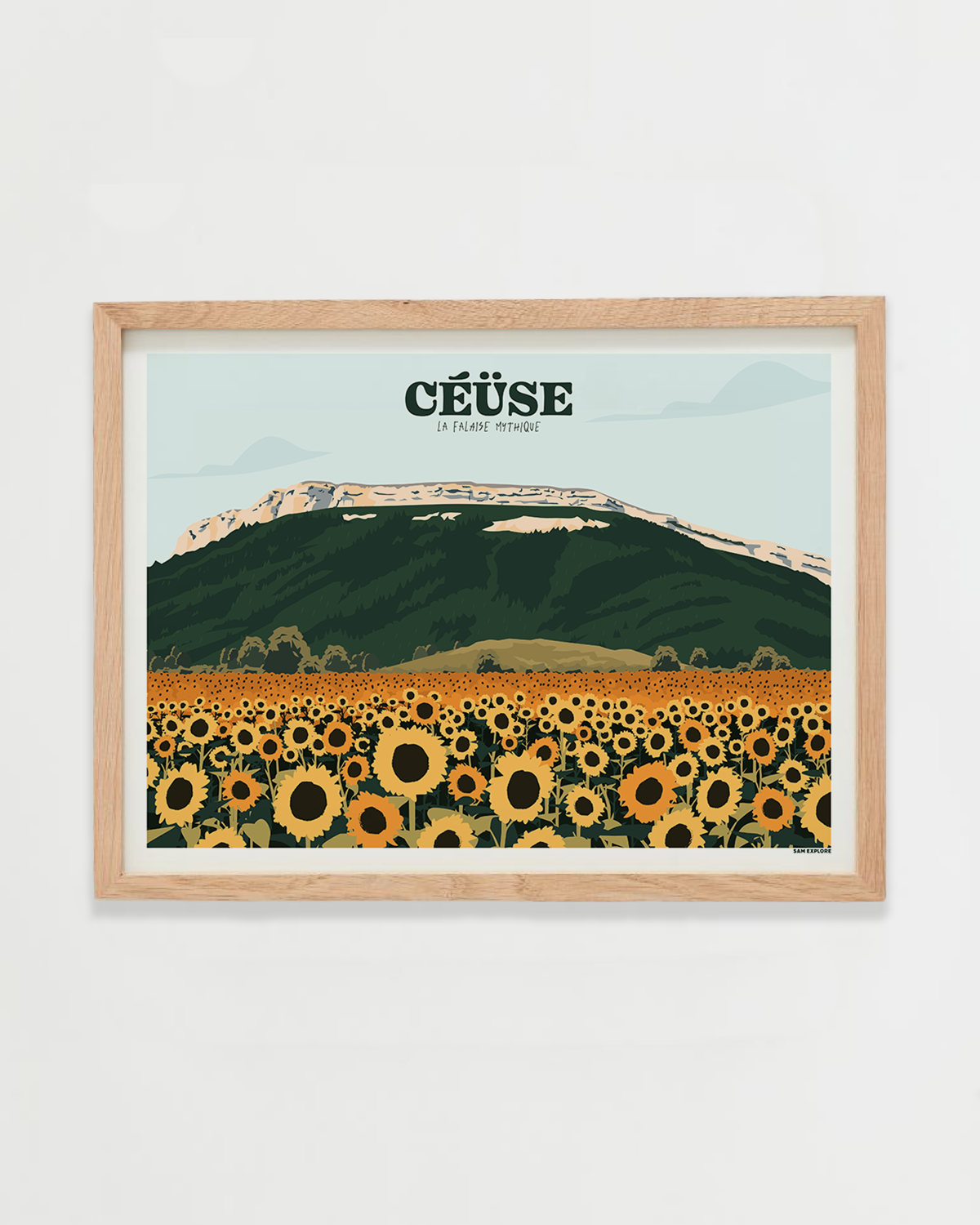 Affiche Céüse – La Falaise Mythique représentant un champ de tournesols jaunes avec la falaise de Céüse en arrière-plan dans les Hautes-Alpes