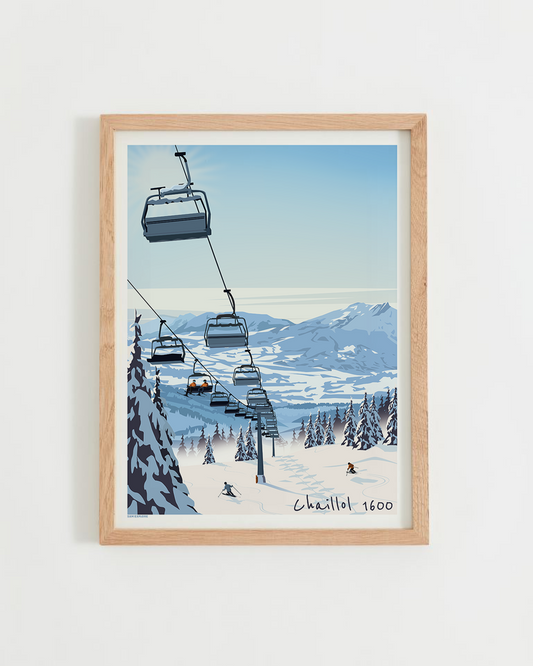 Affiche Chaillol 1600 représentant le domaine skiable avec télésiège et skieurs en poudreuse