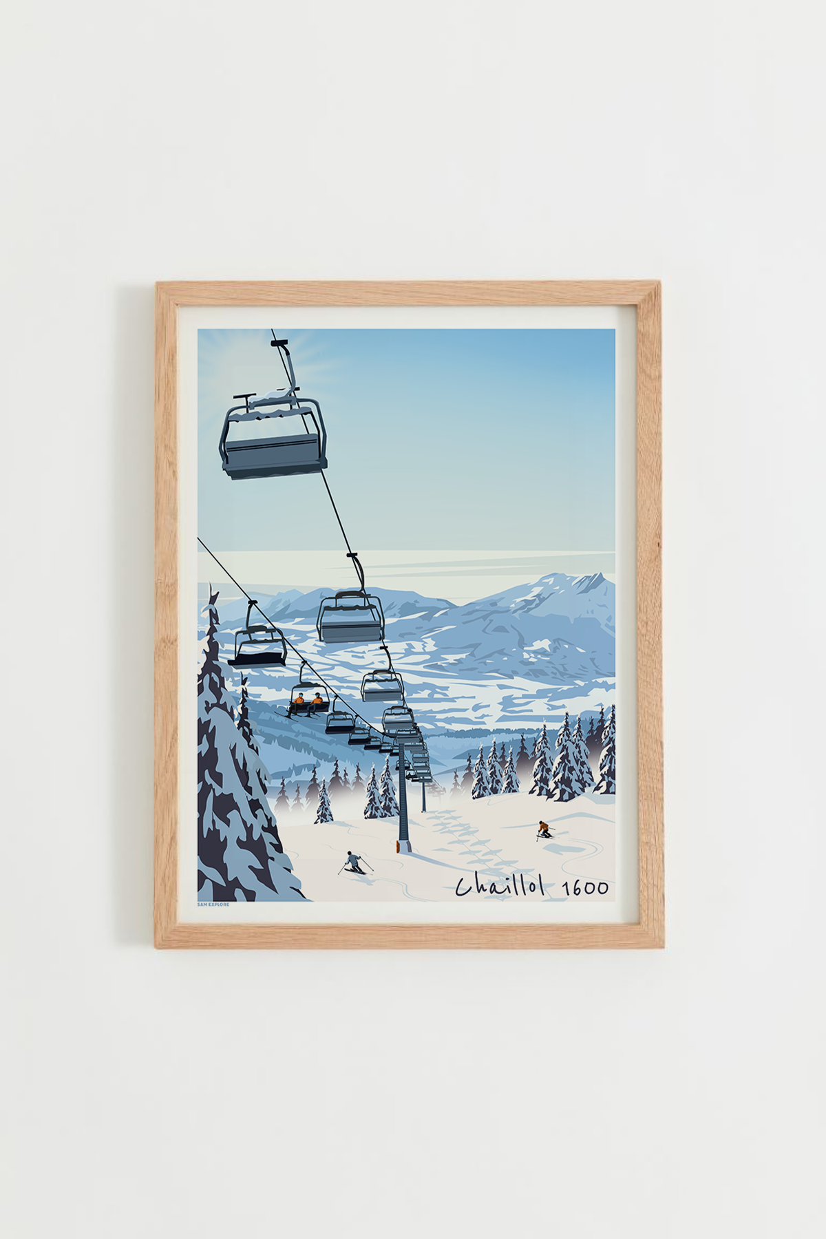 Affiche Chaillol 1600 représentant le domaine skiable avec télésiège et skieurs en poudreuse