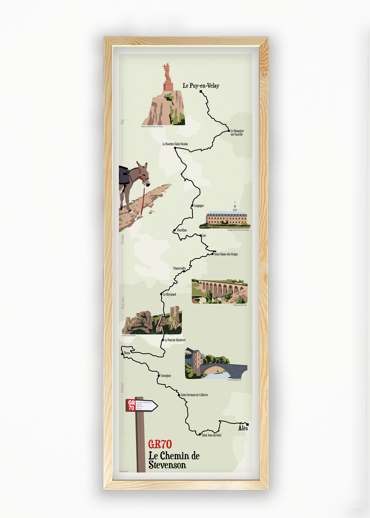Affiche Chemin de Stevenson GR70 avec carte du parcours du Puy-en-Velay à Alès et illustrations des lieux emblématiques