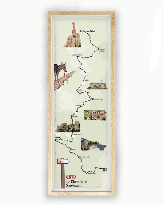 Affiche Chemin de Stevenson GR70 avec carte du parcours du Puy-en-Velay à Alès et illustrations des lieux emblématiques