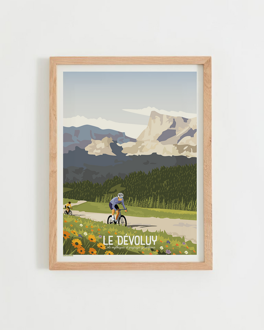 Affiche Dévoluy Vélo – cycliste sur les routes du massif du Dévoluy, paysages calcaires