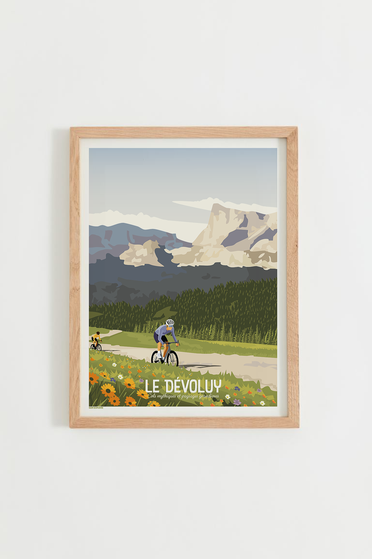Affiche Dévoluy Vélo – cycliste sur les routes du massif du Dévoluy, paysages calcaires