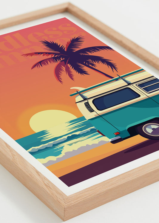 Affiche Endless Summer – ambiance surf californienne, encadrée vue de couché de soleil 