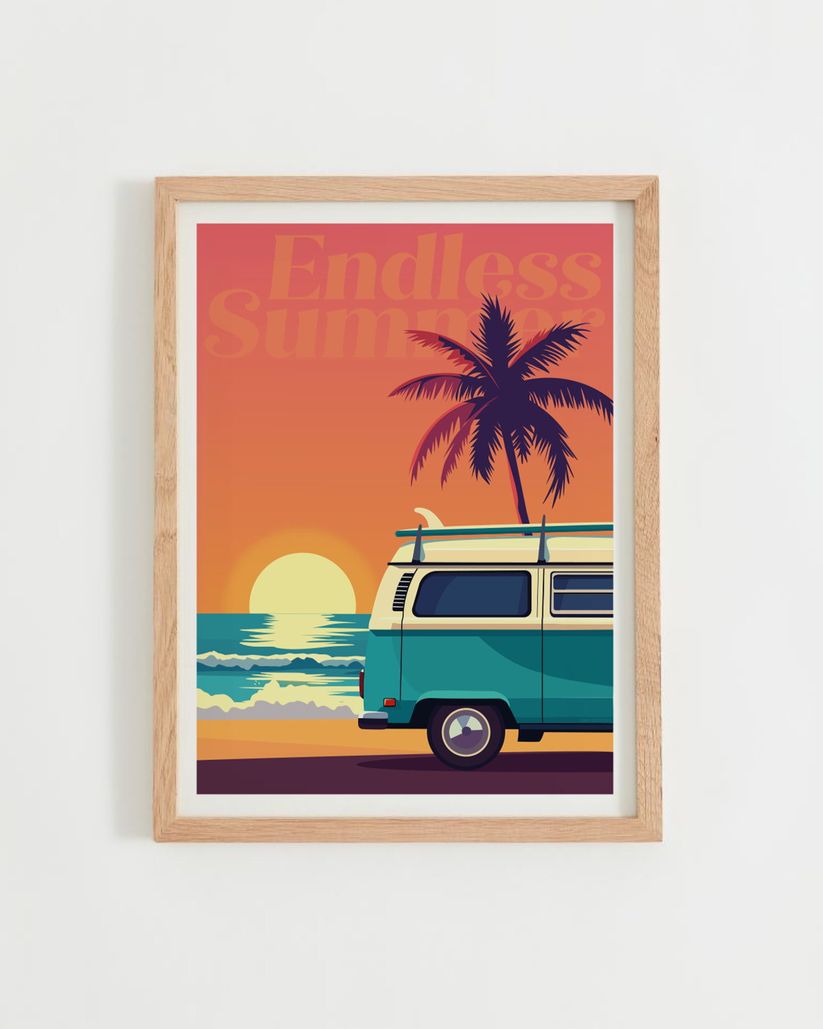 Affiche Endless Summer – van combi sur la plage au coucher du soleil, style rétro vintage