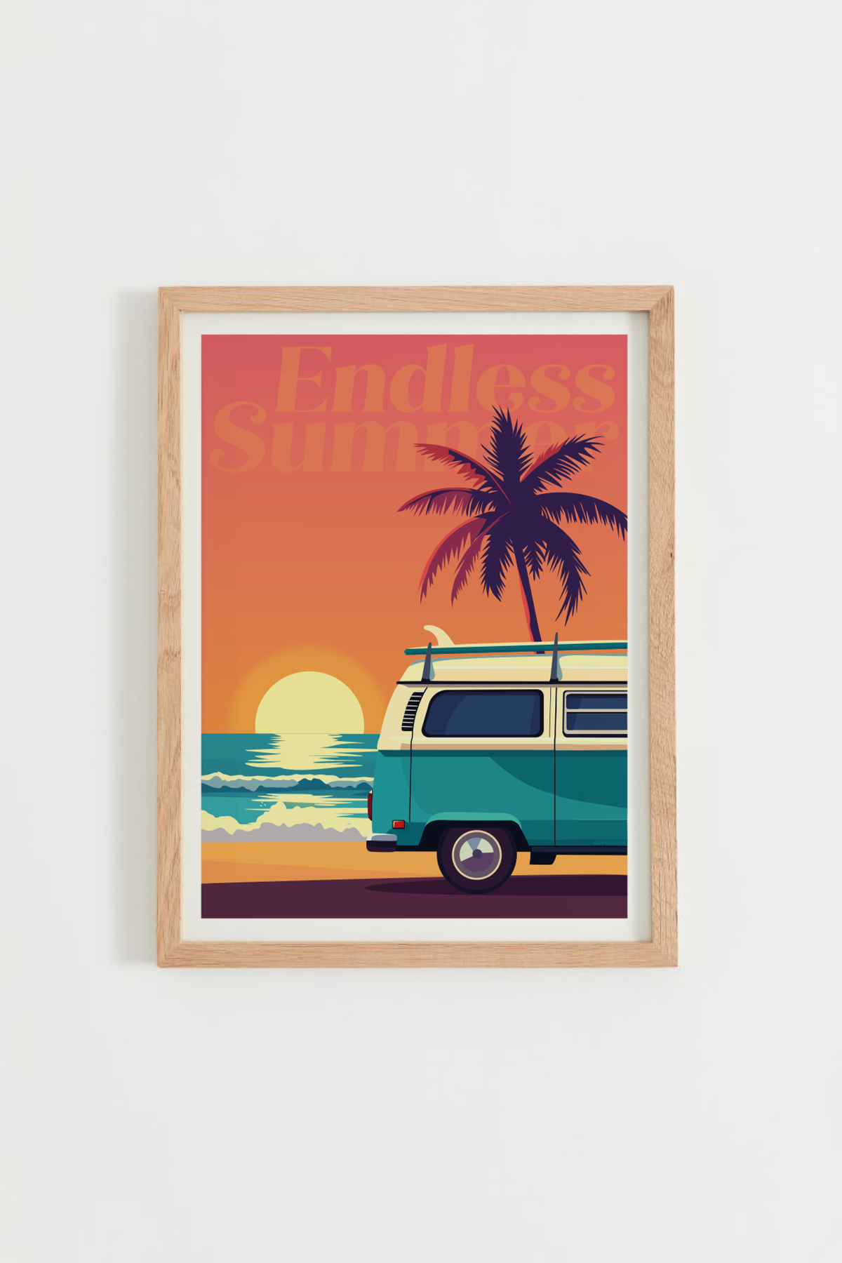 Affiche Endless Summer – van combi sur la plage au coucher du soleil, style rétro vintage