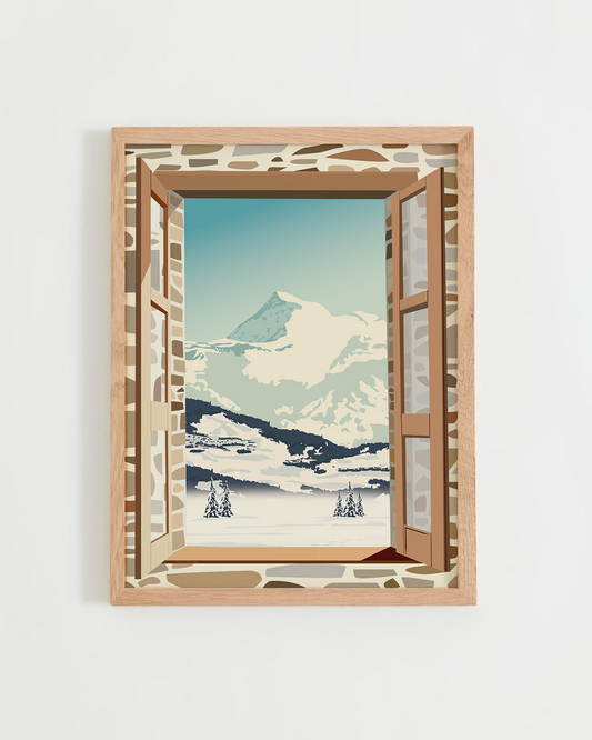 Affiche Fenêtre sur le Vieux Chaillol – vue sur le sommet du Champsaur à travers une fenêtre ouverte
