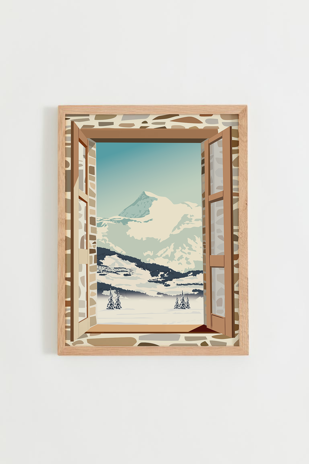 Affiche Fenêtre sur le Vieux Chaillol – vue sur le sommet du Champsaur à travers une fenêtre ouverte