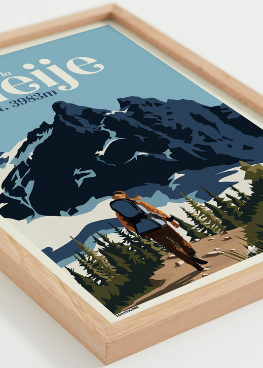 Affiche La Meije – montagne enneigée et glacier des Écrins, cadre bois clair