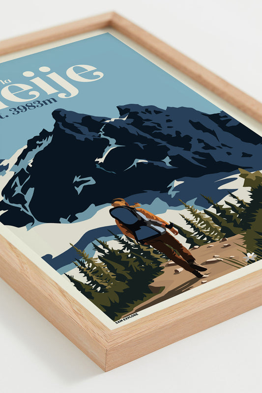 Affiche La Meije – montagne enneigée et glacier des Écrins, cadre bois clair