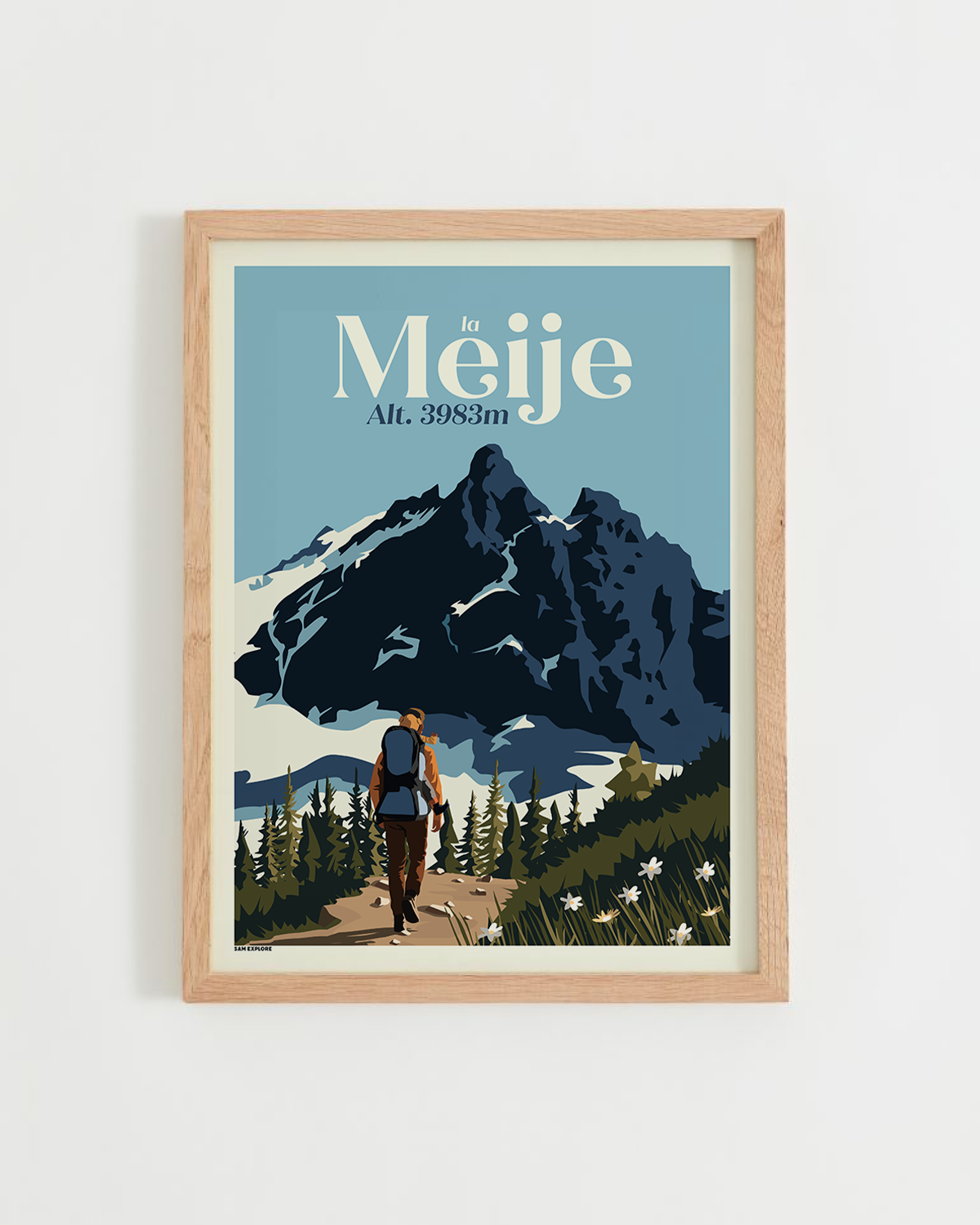 Affiche La Meije – sommet emblématique du massif des Écrins, père avec un porte-bébé face à la Meije