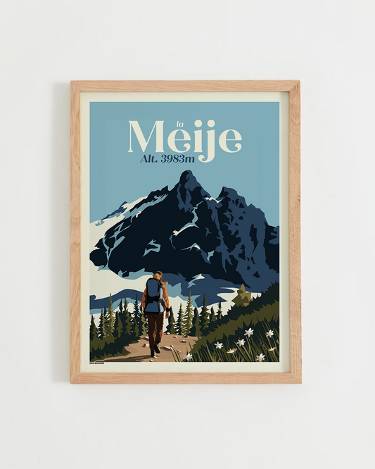 Affiche La Meije – sommet emblématique du massif des Écrins, père avec un porte-bébé face à la Meije