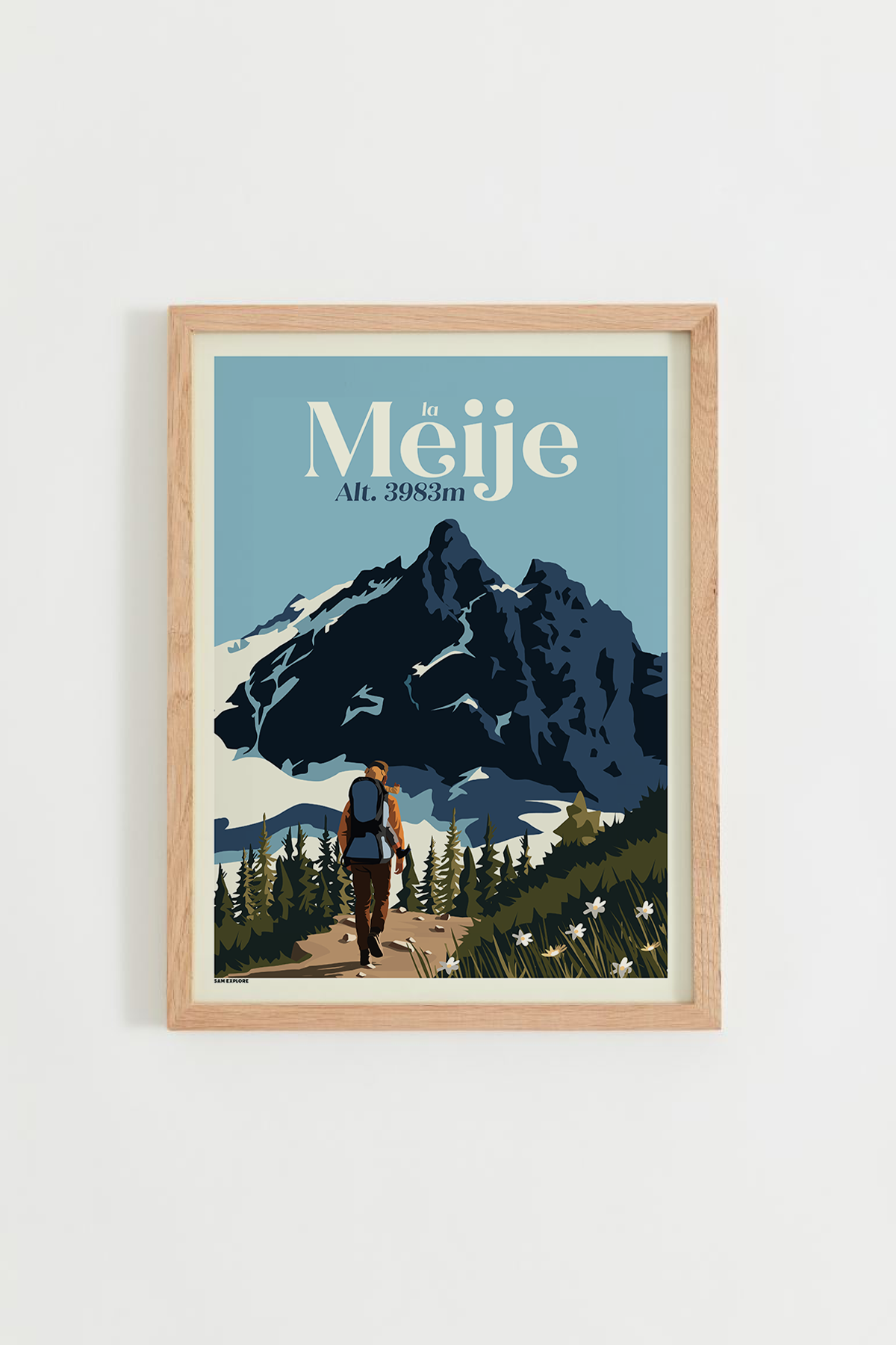 Affiche La Meije – sommet emblématique du massif des Écrins, père avec un porte-bébé face à la Meije