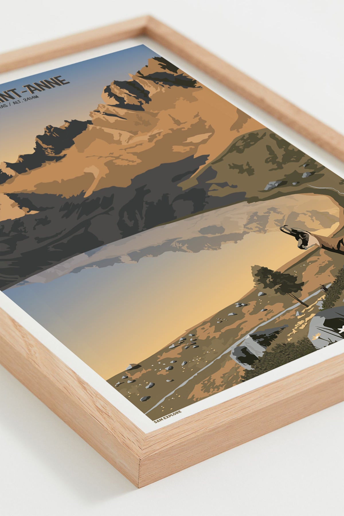 Affiche Lac Sainte-Anne – reflet du ciel et sommets du Queyras, cadre chêne 30x40