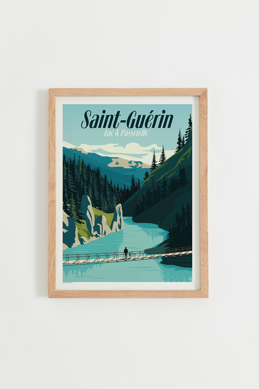 Affiche Lac de Saint-Guérin – vue sur le barrage et forêts savoyardes, cadre bois clair