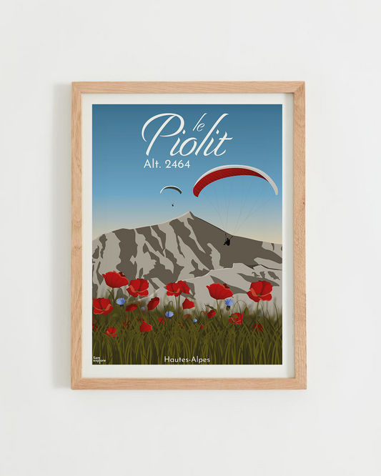 Affiche Le Piolit – sommet avec vue sur le lac de Serre-Ponçon, cadre bois clair