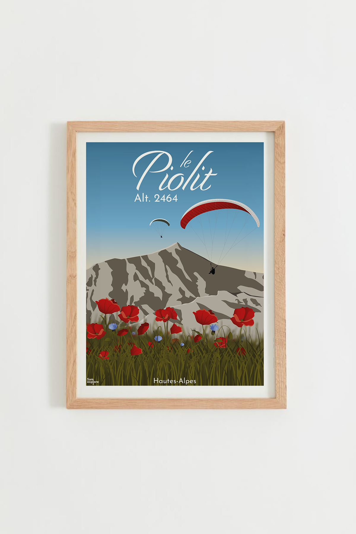 Affiche Le Piolit – sommet avec vue sur le lac de Serre-Ponçon, cadre bois clair