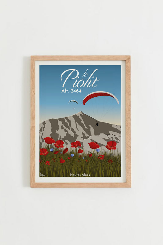 Affiche Le Piolit – sommet avec vue sur le lac de Serre-Ponçon, cadre bois clair