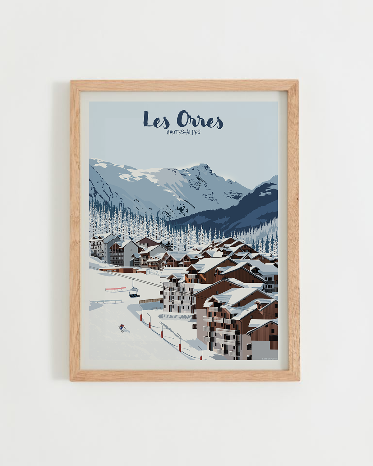 Affiche Les Orres 1800 représentant un skieur descendant les pistes devant les chalets du village dans les Hautes-Alpes