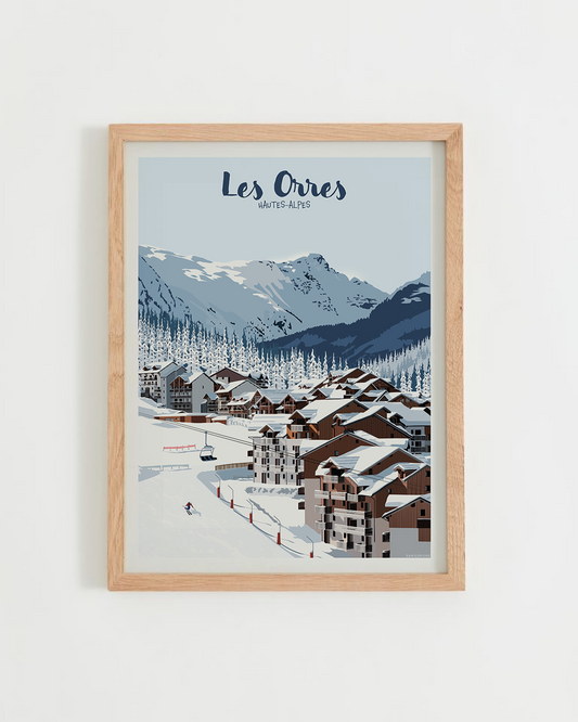 Affiche Les Orres 1800 représentant un skieur descendant les pistes devant les chalets du village dans les Hautes-Alpes