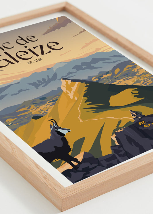 Affiche Pic de Gleize – montagnes des Hautes-Alpes, vue encadrée bois clair