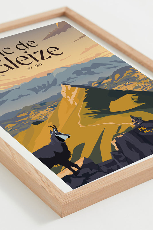 Affiche Pic de Gleize – montagnes des Hautes-Alpes, vue encadrée bois clair