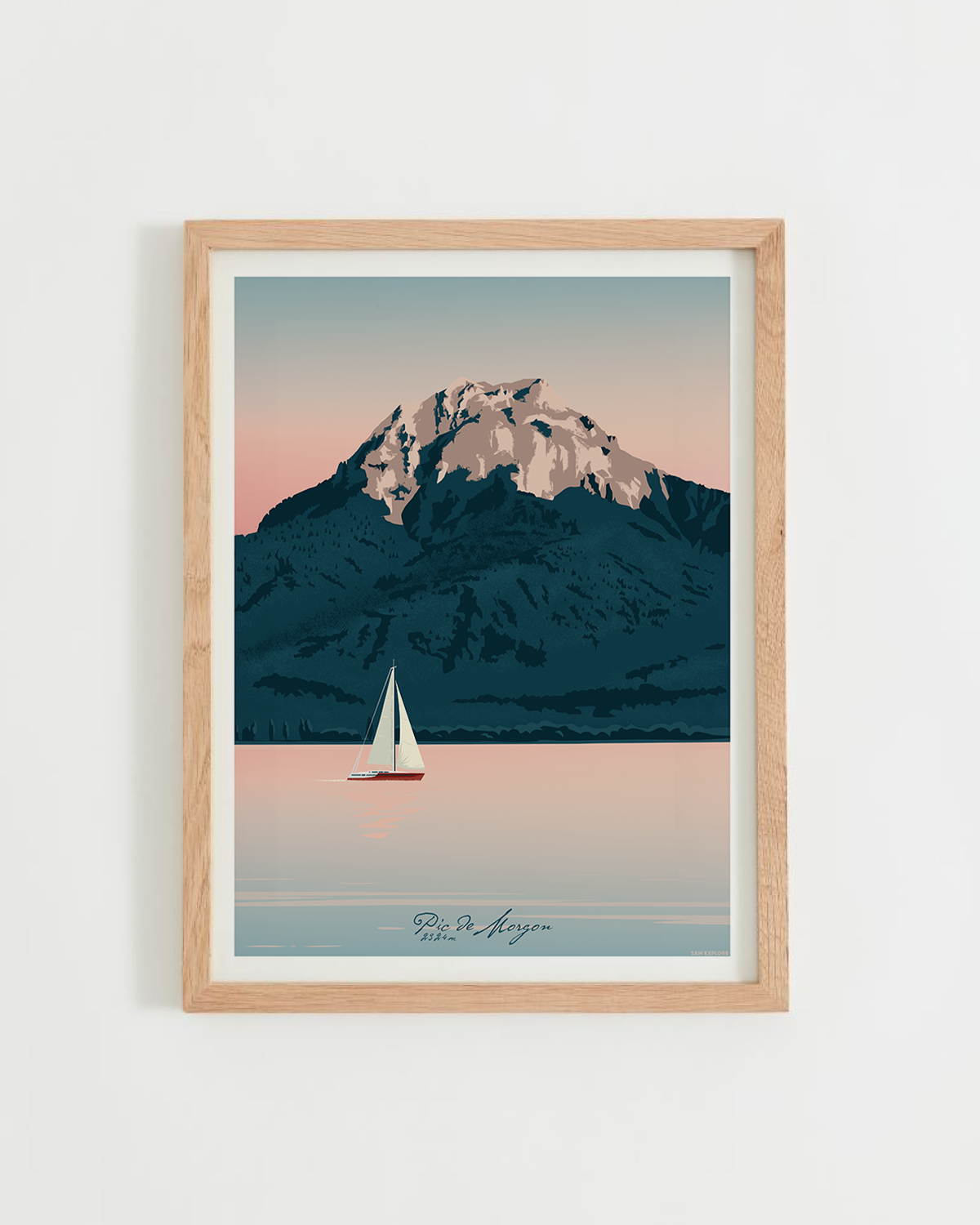 Affiche Pic de Morgon représentant un voilier sur le lac de Serre-Ponçon dans une ambiance matinale aux tons bleus et roses