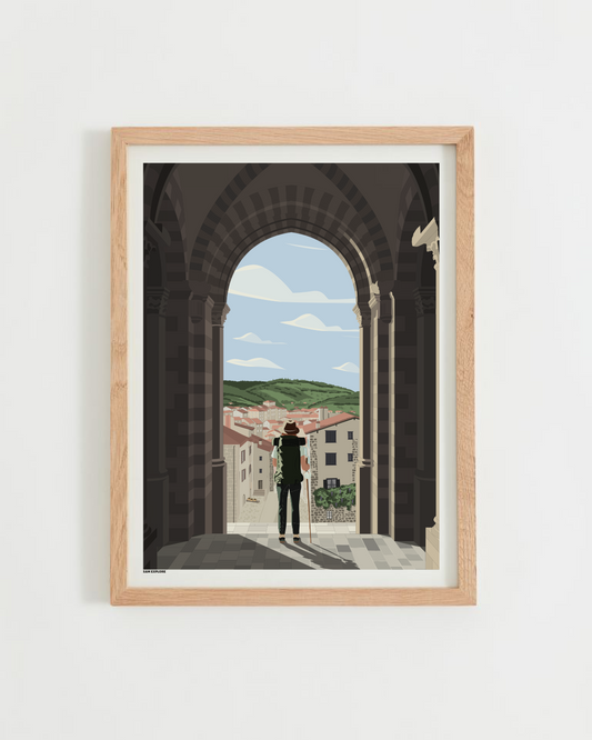 Affiche Le Puy-en-Velay – pèlerine au départ du chemin de Saint-Jacques, cathédrale et porche, cadre bois