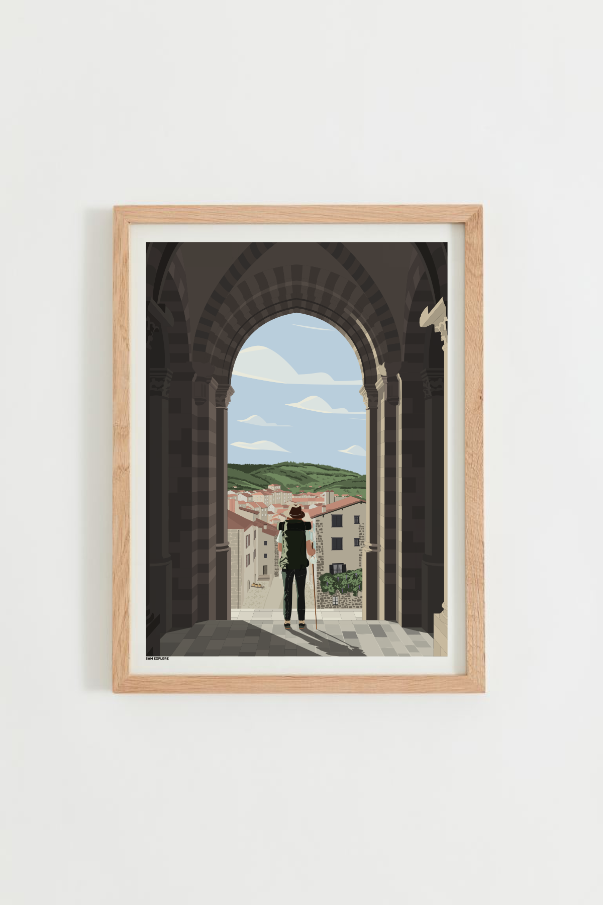 Affiche Le Puy-en-Velay – pèlerine au départ du chemin de Saint-Jacques, cathédrale et porche, cadre bois