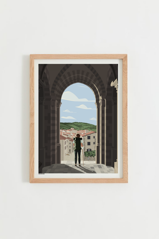 Affiche Le Puy-en-Velay – pèlerine au départ du chemin de Saint-Jacques, cathédrale et porche, cadre bois