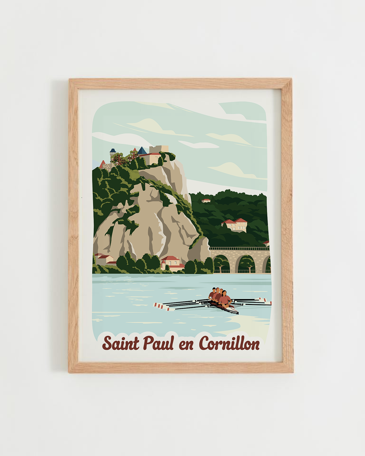 Affiche Saint-Paul-en-Cornillon – Loire et château de Cornillon, cadre bois clair
