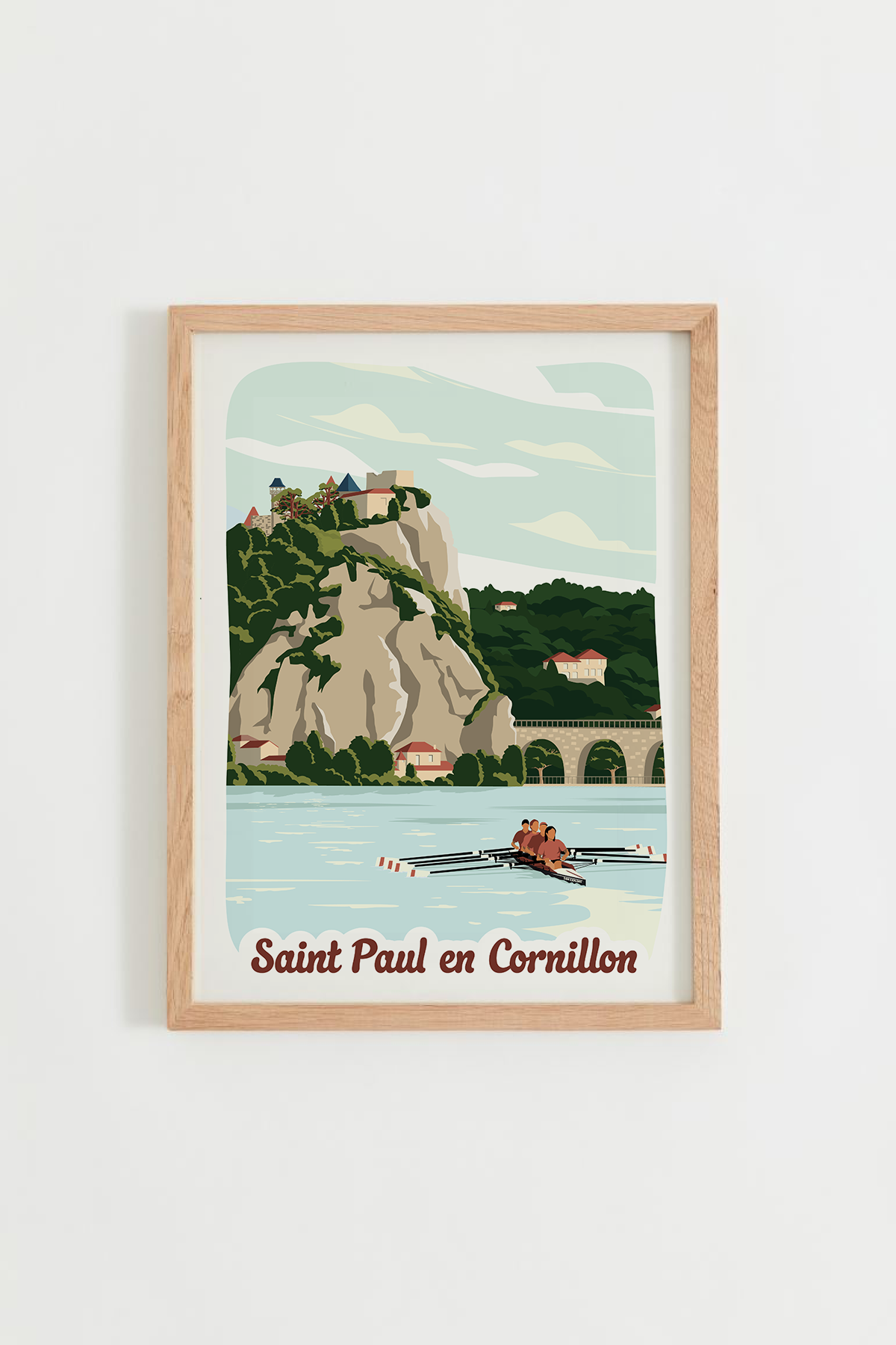 Affiche Saint-Paul-en-Cornillon – Loire et château de Cornillon, cadre bois clair